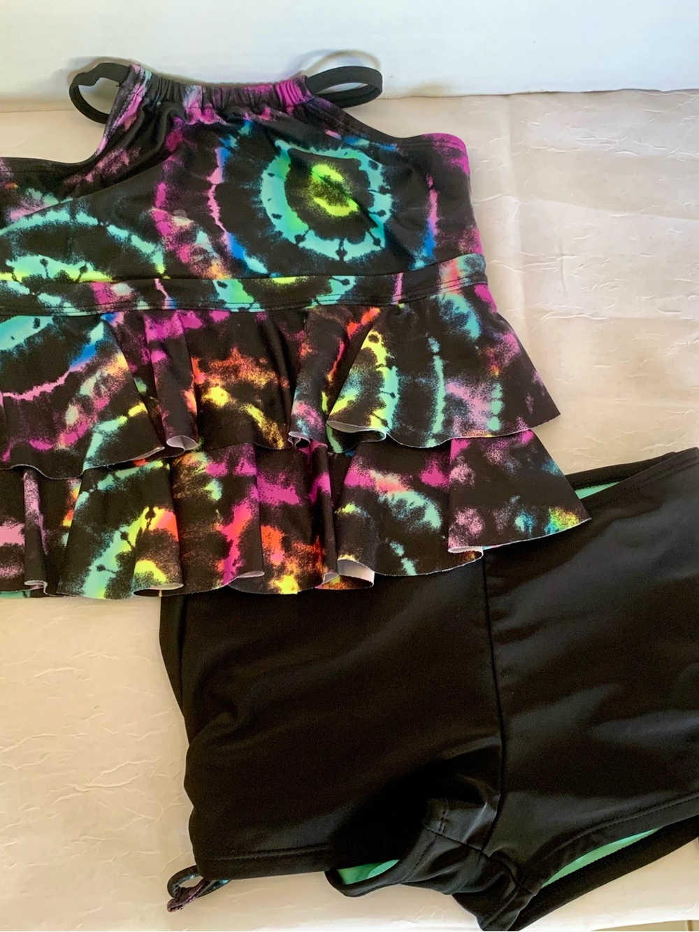 Girls Black Tie-Dye Ruffle Tankini Set